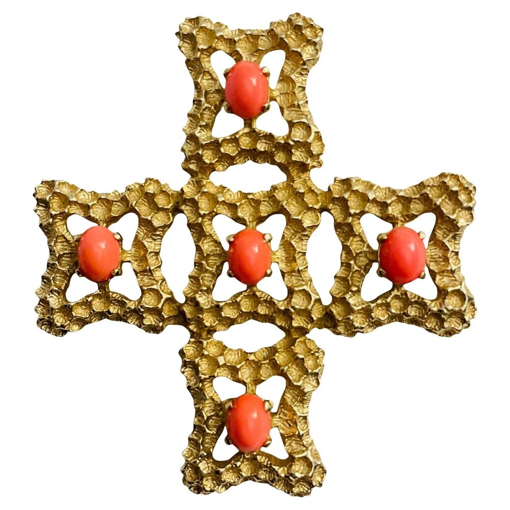 Vintage CINER signed gold coral massive maltese cross designer brooch pendant